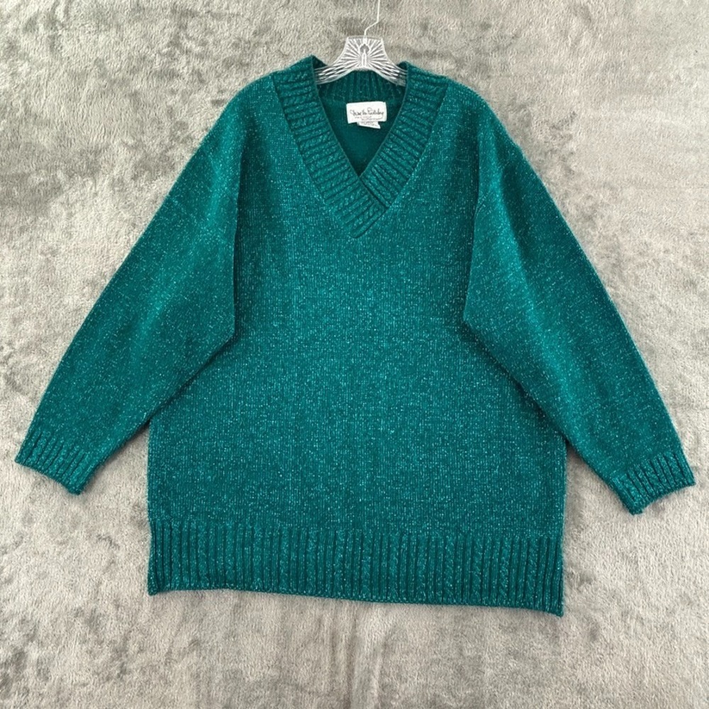 Vintage Diane Von Furstenberg Tunic Sweater Womens 2X Teal Metallic Fleck V-Neck